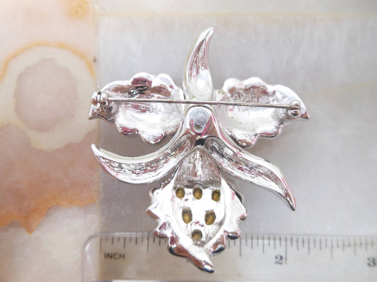 Vintage NOLAN MILLER Flower Brooch Glamour Purple Orchid Pin Pave Crystal Rhinestone Designer Jewelry Gift , VivianJoel.com