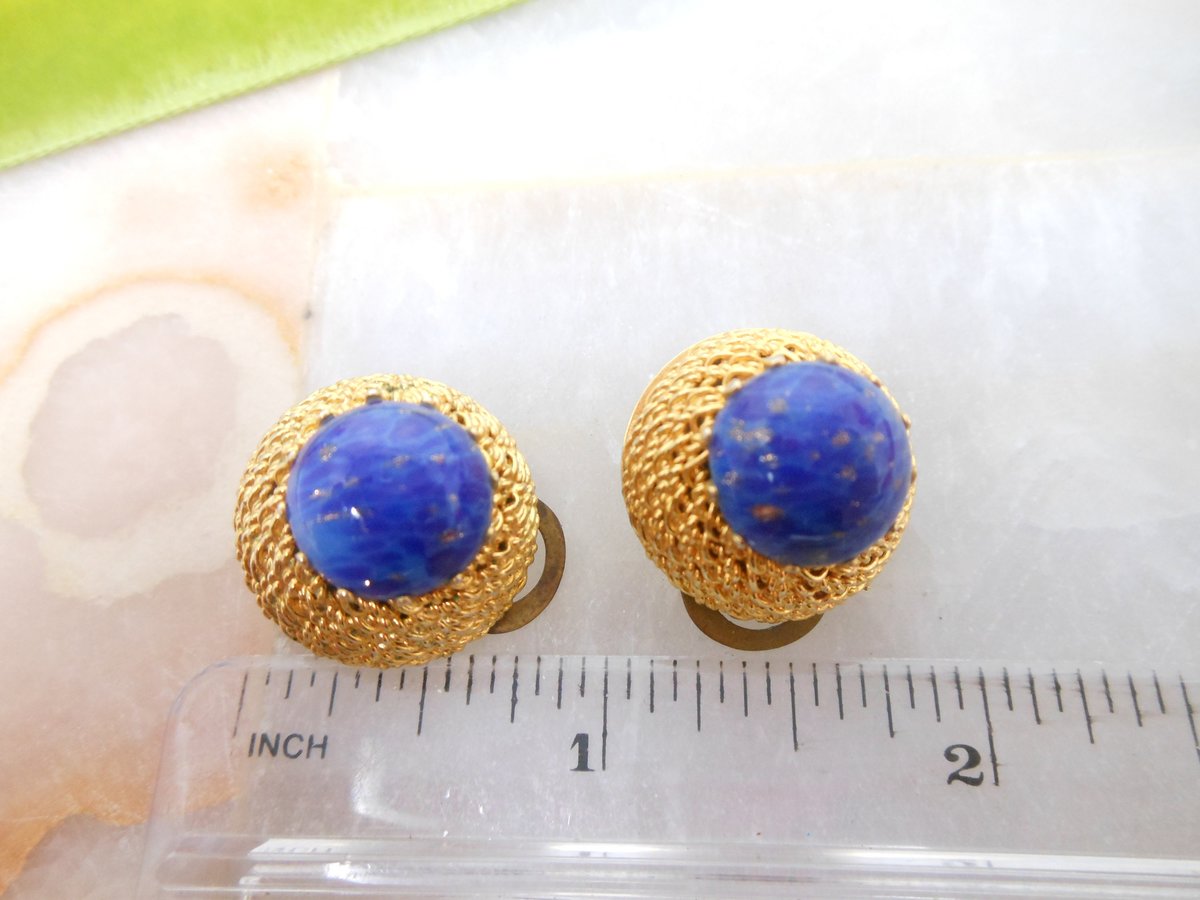 Vintage Lapis Art Glass Domed Earrings Clip On Cobalt Blue Chunky Mid Century Jewelry Gift, VivianJoel.com