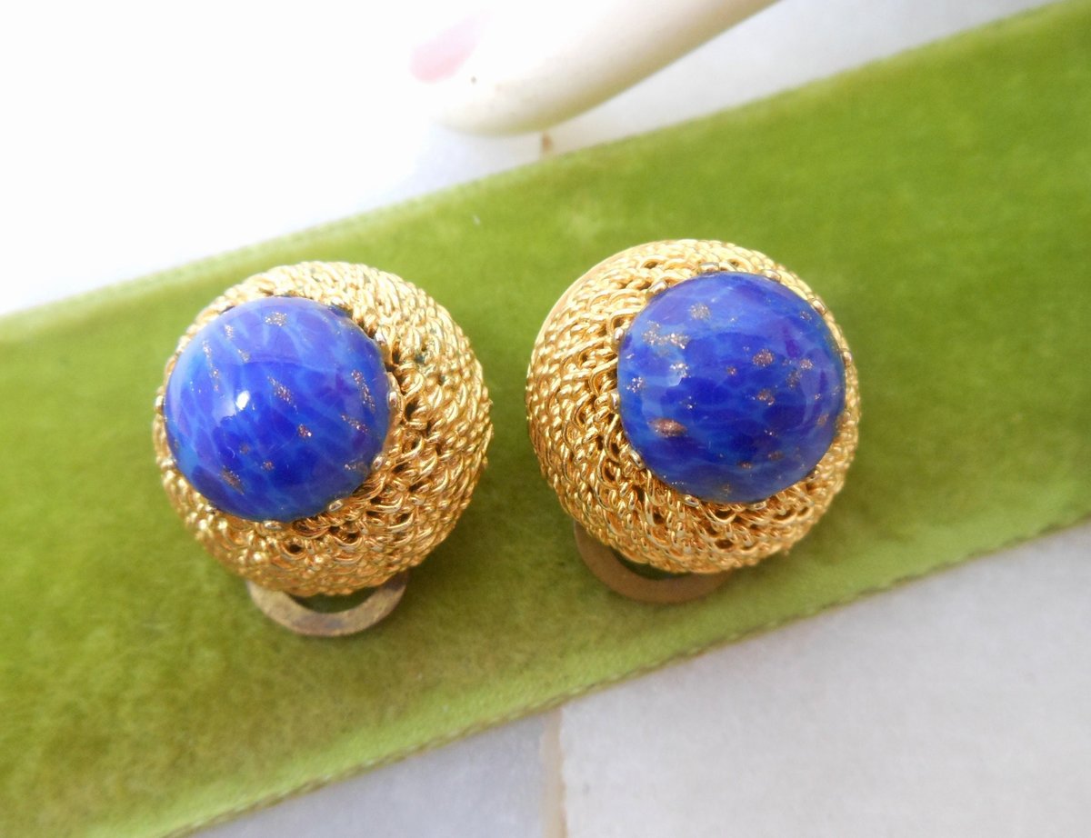 Vintage Lapis Art Glass Domed Earrings Clip On Cobalt Blue Chunky Mid Century Jewelry Gift, VivianJoel.com