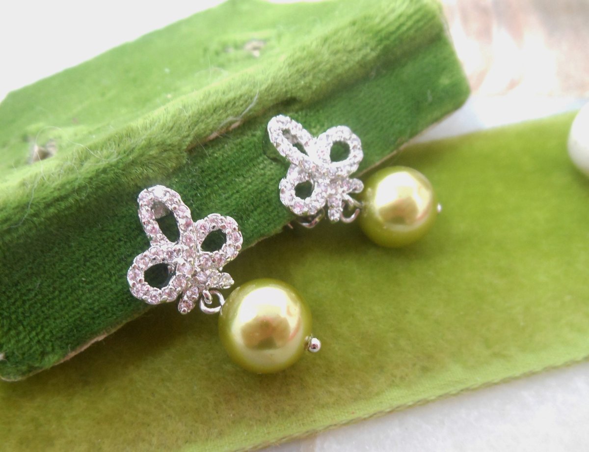 Vintage NOLAN MILLER Earrings Rhinestone Bow Green Pearl Dangle Drop Clip On Designer Glamour Jewelry Gift, VivianJoel.com