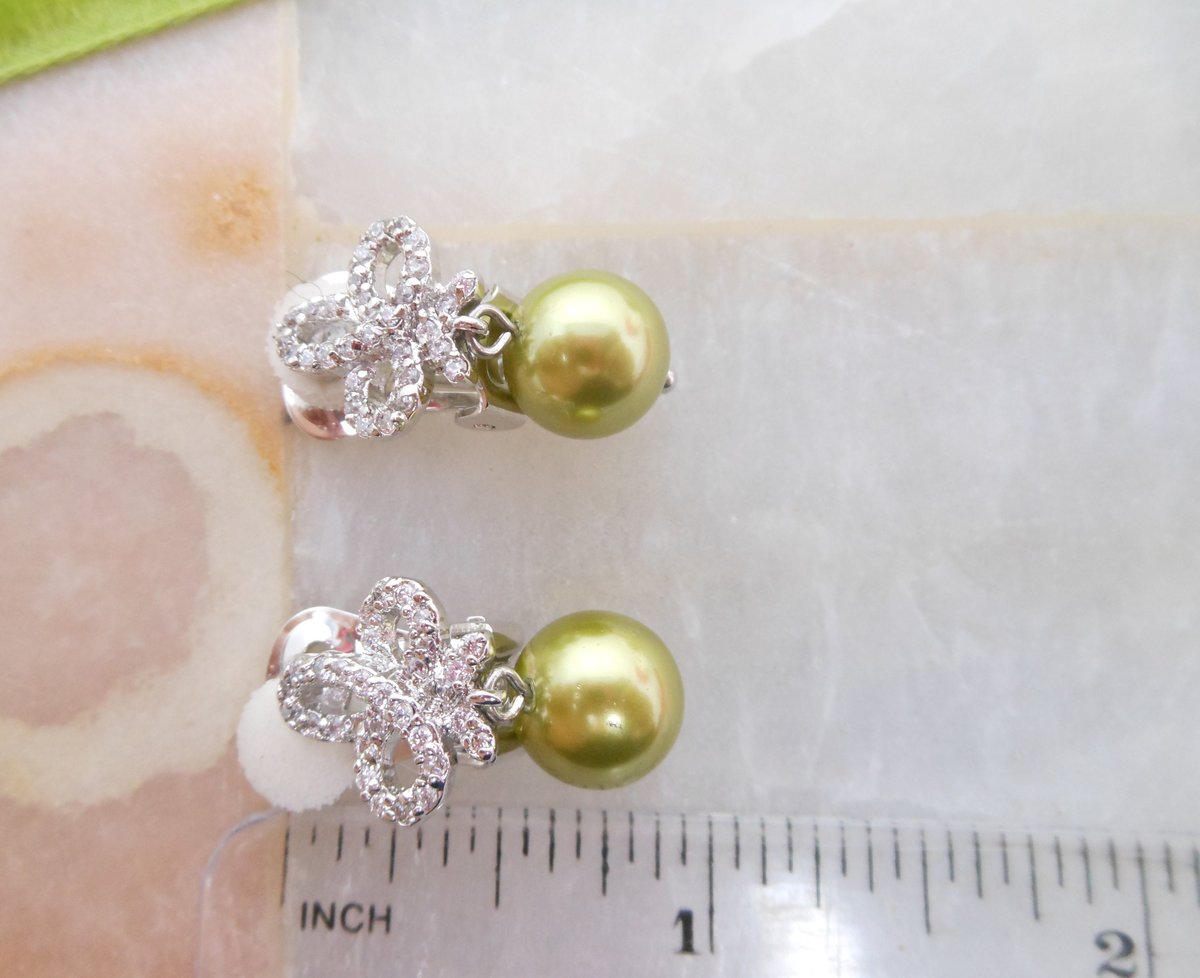 Vintage NOLAN MILLER Earrings Rhinestone Bow Green Pearl Dangle Drop Clip On Designer Glamour Jewelry Gift, VivianJoel.com