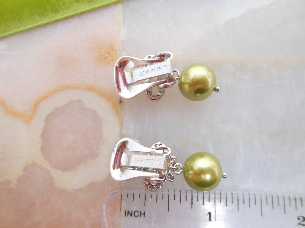 Vintage NOLAN MILLER Earrings Rhinestone Bow Green Pearl Dangle Drop Clip On Designer Glamour Jewelry Gift, VivianJoel.com
