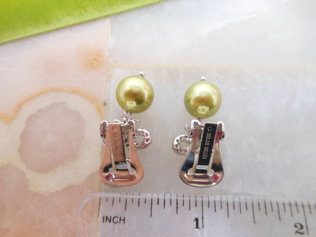 Vintage NOLAN MILLER Earrings Rhinestone Bow Green Pearl Dangle Drop Clip On Designer Glamour Jewelry Gift, VivianJoel.com