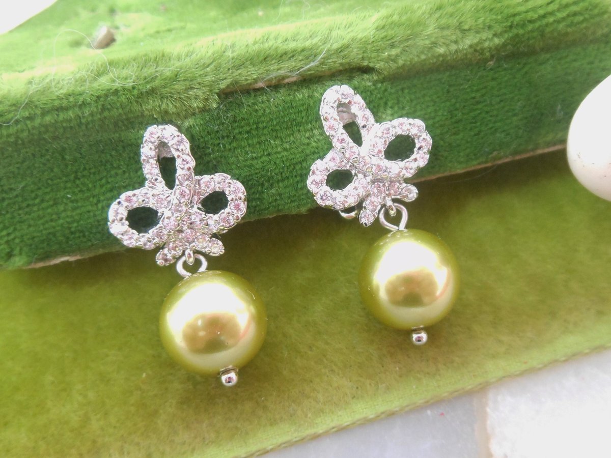 Vintage NOLAN MILLER Earrings Rhinestone Bow Green Pearl Dangle Drop Clip On Designer Glamour Jewelry Gift, VivianJoel.com