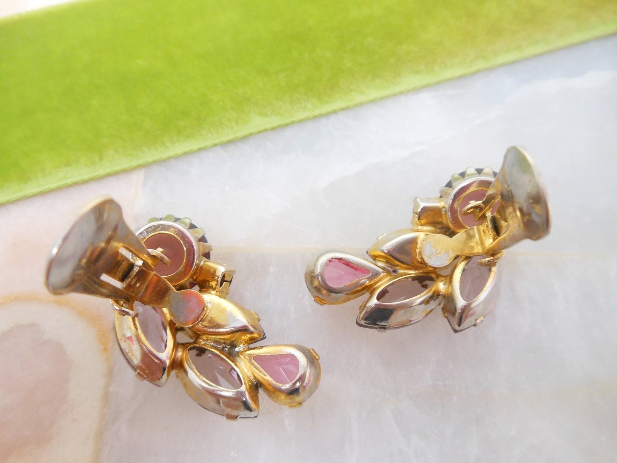 Vintage Rhinestone Earrings Clip OnFruit Salad Ear Climber Crystal Art Glass Jewelry Gift Mid Century, VivianJoel.com