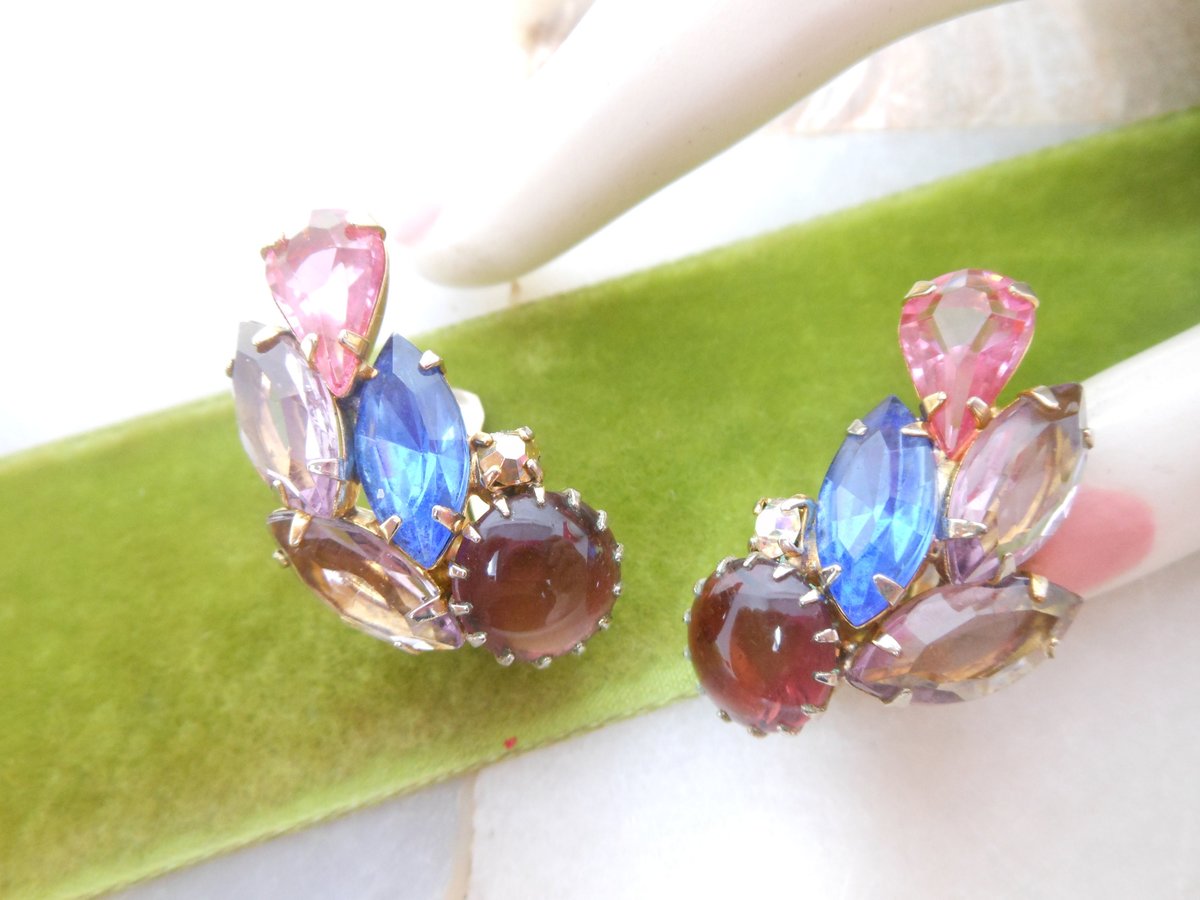 Vintage Rhinestone Earrings Clip OnFruit Salad Ear Climber Crystal Art Glass Jewelry Gift Mid Century, VivianJoel.com