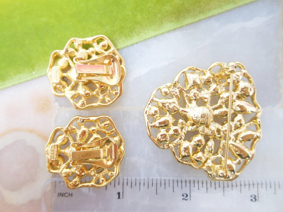 Vintage NOLAN MILLER Flower Brooch Earrings Set Rhinestone Fruit Salad Crystal Pansy Pin Designer IOB Designer Jewelry Gift, VivianJoel.com