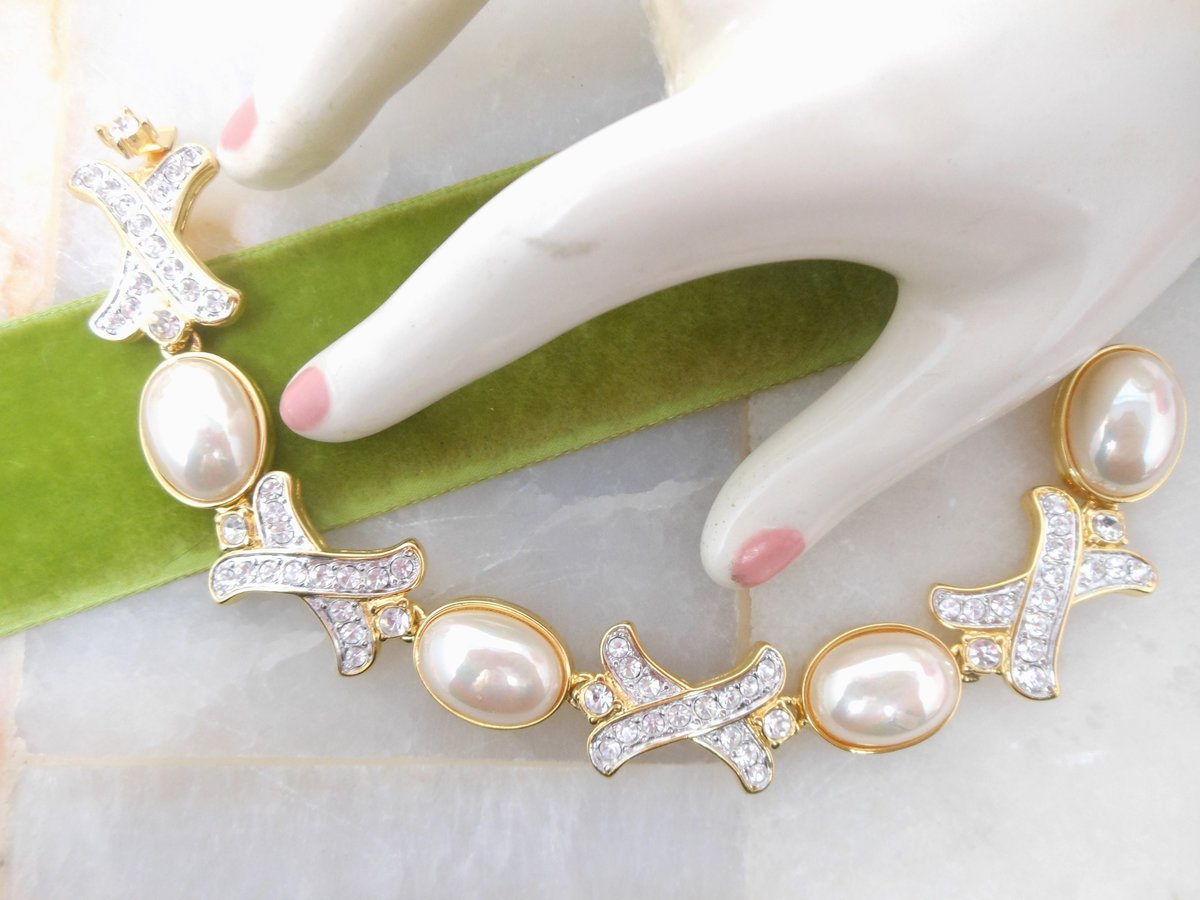 Vintage NOLAN MILLER Pearl Crystal Rhinestone Bracelet X and O Hugs Kisses Wedding Glamour Designer Jewelry Gift, VivianJoel.com