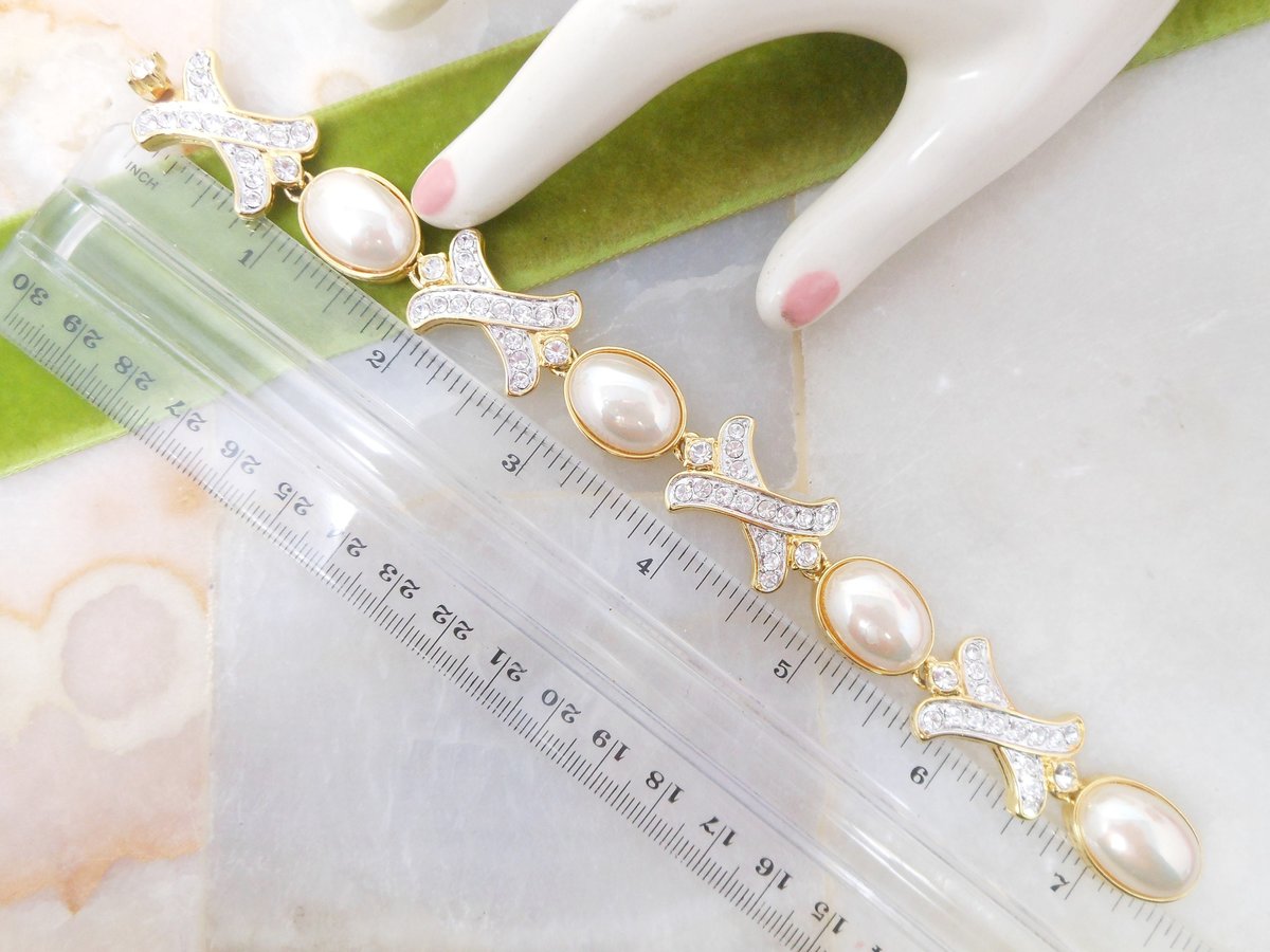 Vintage NOLAN MILLER Pearl Crystal Rhinestone Bracelet X and O Hugs Kisses Wedding Glamour Designer Jewelry Gift, VivianJoel.com