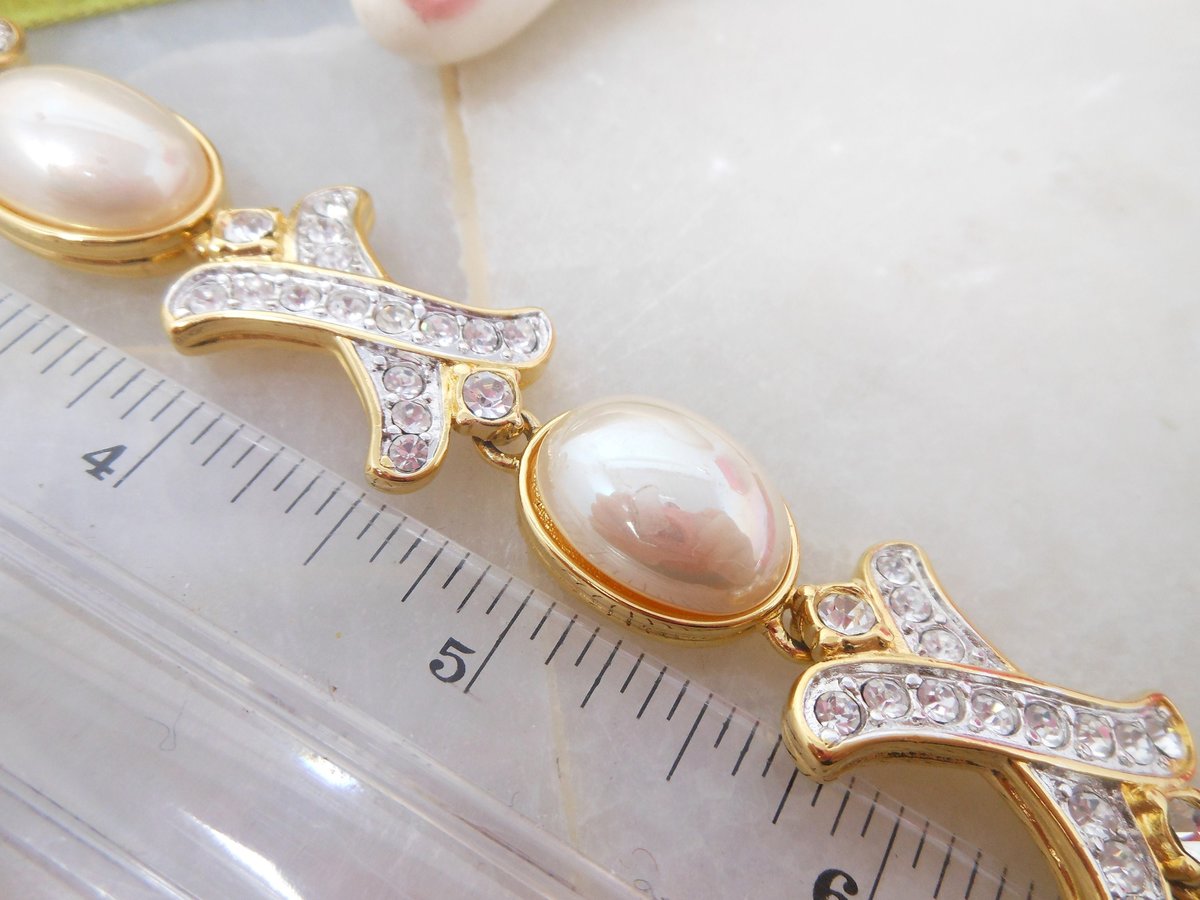 Vintage NOLAN MILLER Pearl Crystal Rhinestone Bracelet X and O Hugs Kisses Wedding Glamour Designer Jewelry Gift, VivianJoel.com