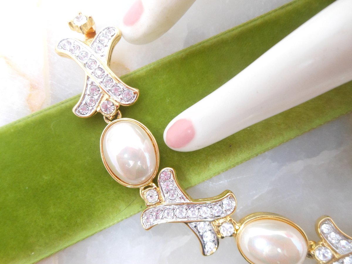 Vintage NOLAN MILLER Pearl Crystal Rhinestone Bracelet X and O Hugs Kisses Wedding Glamour Designer Jewelry Gift, VivianJoel.com