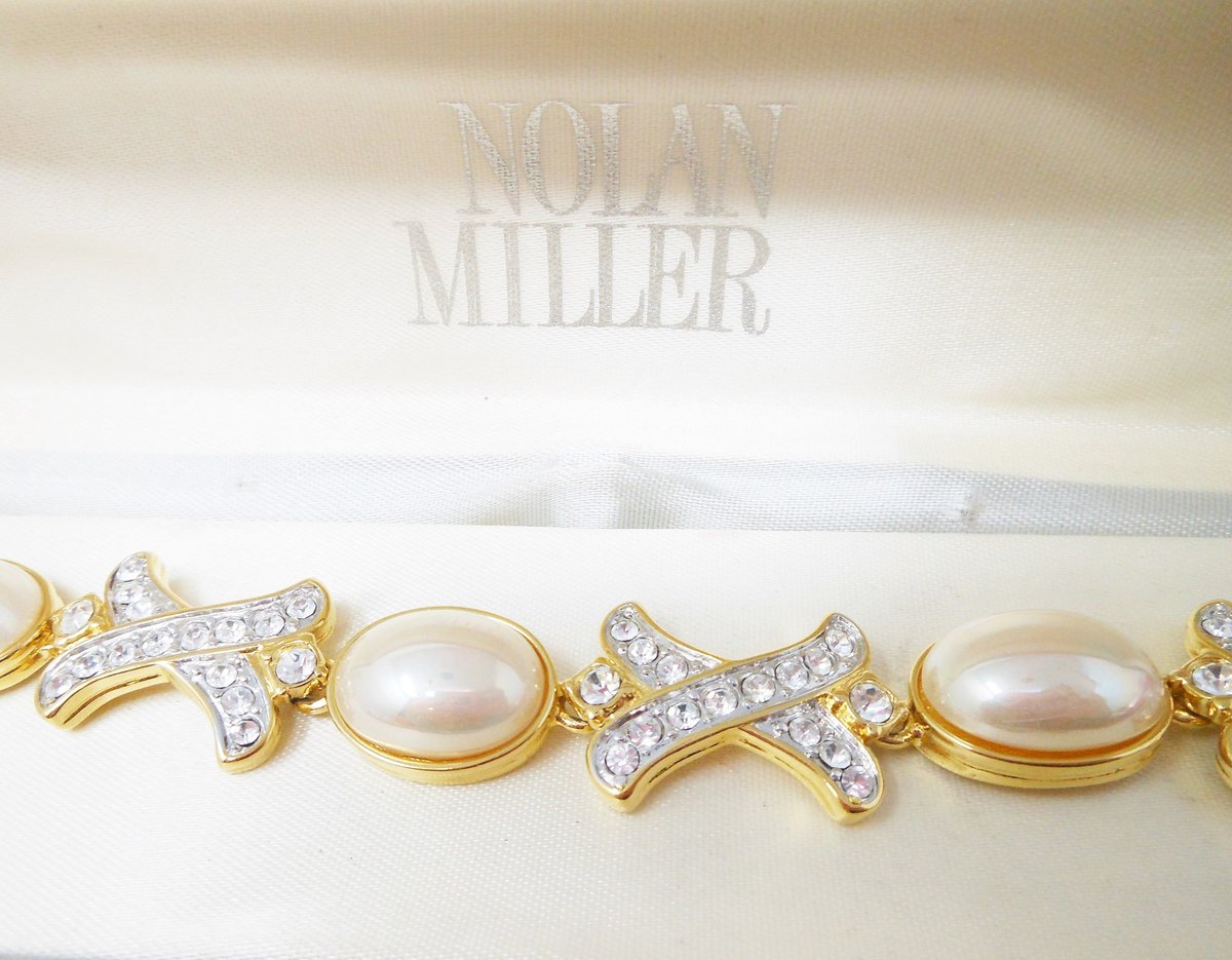 Vintage NOLAN MILLER Pearl Crystal Rhinestone Bracelet X and O Hugs Kisses Wedding Glamour Designer Jewelry Gift, VivianJoel.com