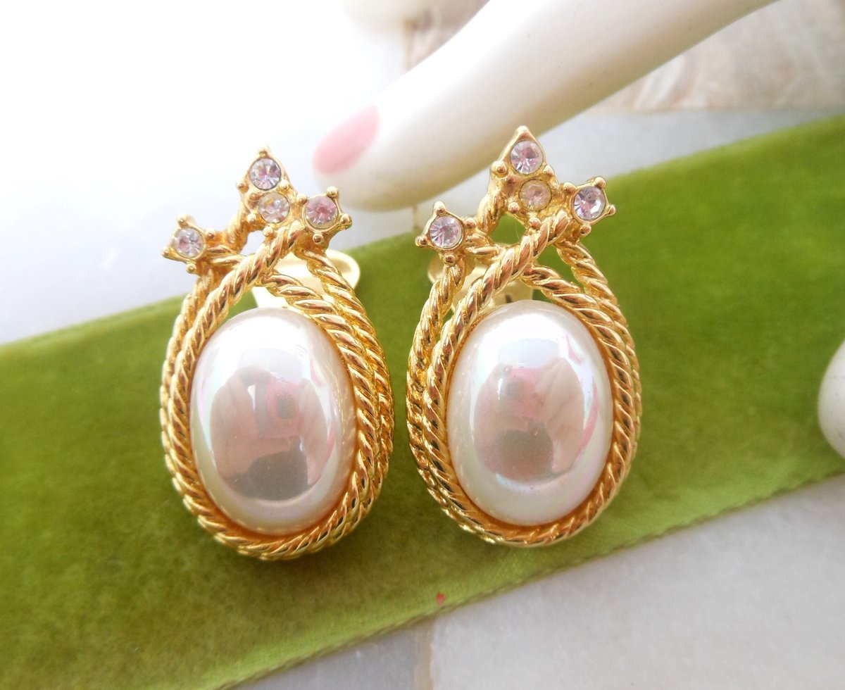 Vintage NOLAN MILLER Designer Earrings Crystal Faux Pearl Clip On Rhinestone Gold Plate Runway Wedding Jewelry Gift, VivianJoel.com