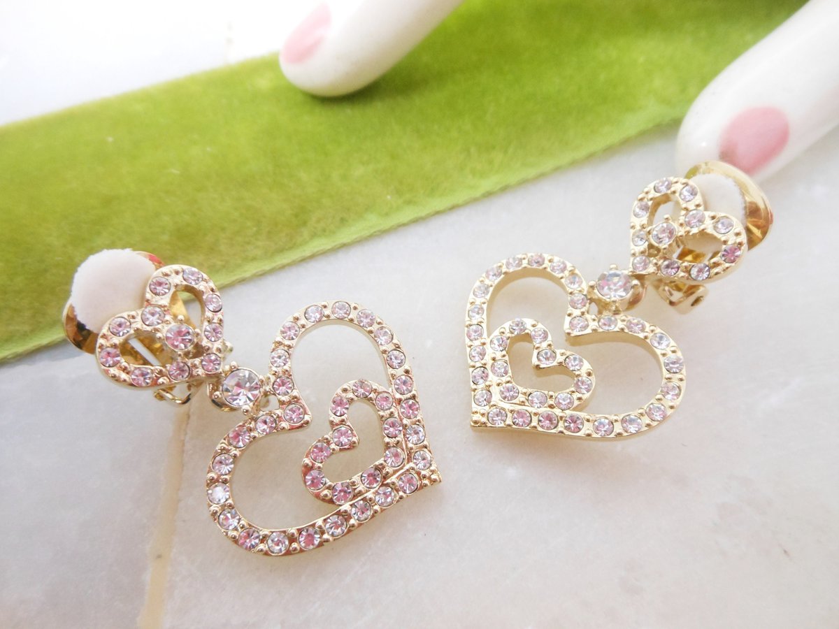 Vintage NOLAN MILLER Heart Earrings Rhinestone Clip On Pave Crystal Dangle Drop Gold Designer Jewelry Gift Original Box, VivianJoel.com