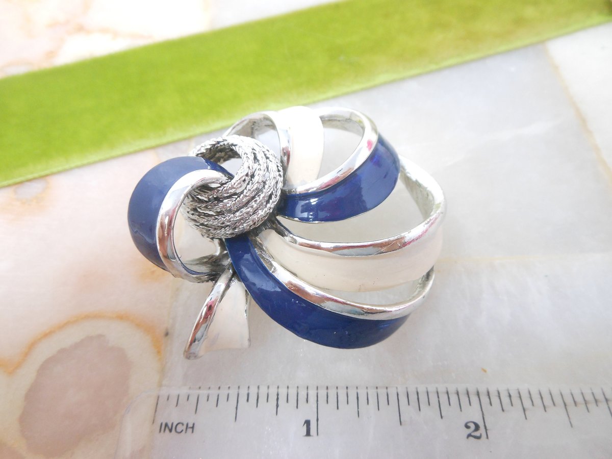 Vintage CORO Enamel Brooch Bow Ribbon Pin Navy Blue Cream Designer Pegasus Mid Century Jewelry Gift, VivianJoel.com