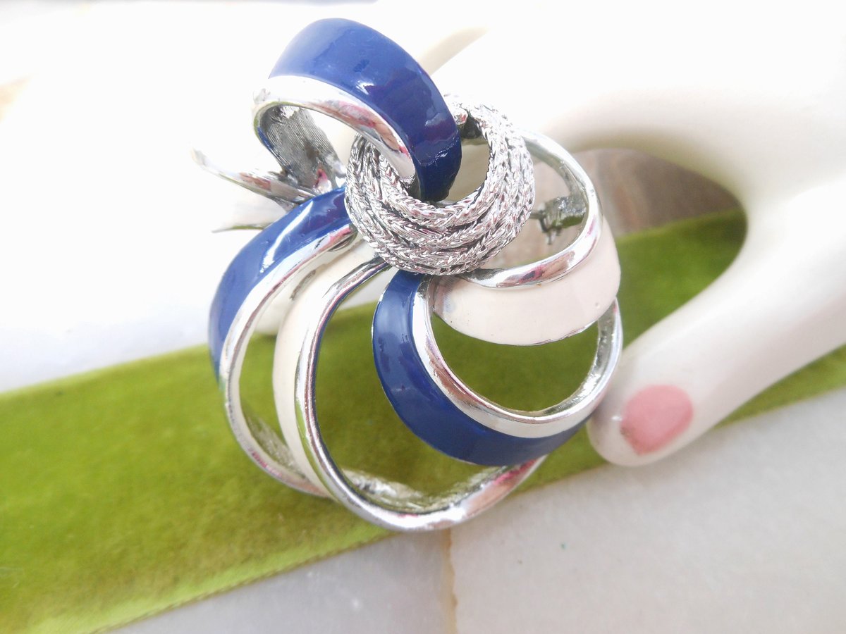 Vintage CORO Enamel Brooch Bow Ribbon Pin Navy Blue Cream Designer Pegasus Mid Century Jewelry Gift, VivianJoel.com