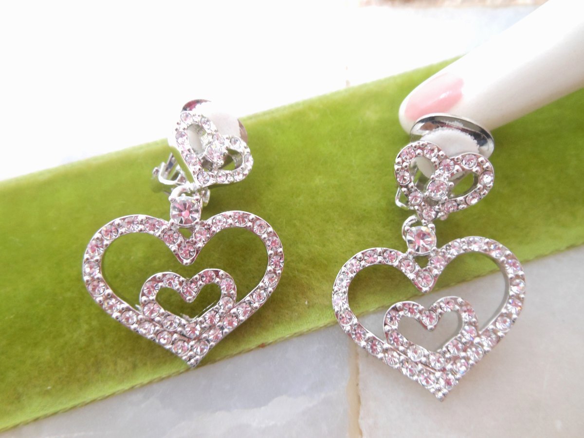 Vintage NOLAN MILLER Heart Earrings Rhinestone Clip On Pave Crystal Dangle Drop Silver Designer Jewelry Gift Original Box, VivianJoel.com