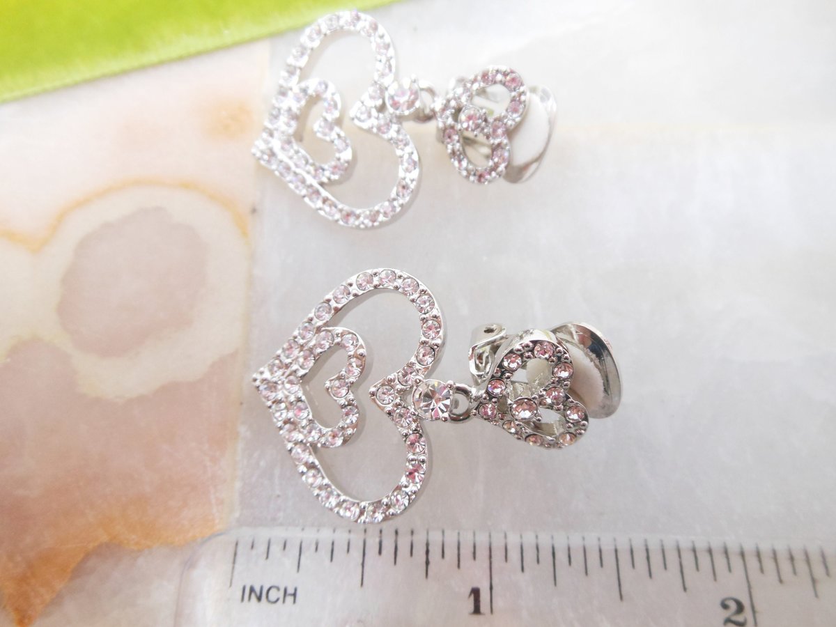 Vintage NOLAN MILLER Heart Earrings Rhinestone Clip On Pave Crystal Dangle Drop Silver Designer Jewelry Gift Original Box, VivianJoel.com