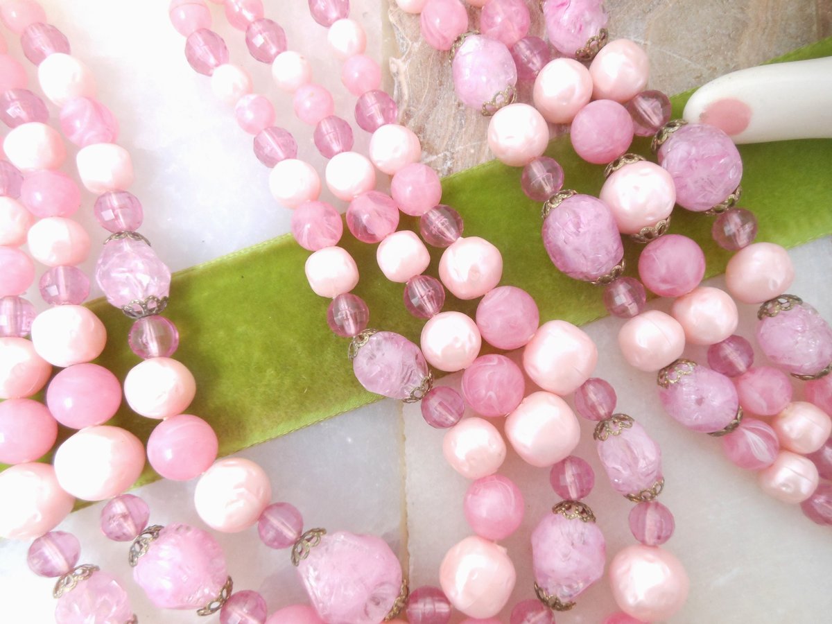 Vintage STAR Jewelry SET Pink Plastic Bead Necklace Bracelet Three Strand Bib Bubblegum Pin Up Designer Mid Century Gift, VivianJoel.com