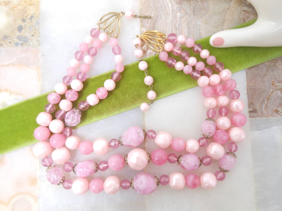 Vintage STAR Jewelry SET Pink Plastic Bead Necklace Bracelet Three Strand Bib Bubblegum Pin Up Designer Mid Century Gift, VivianJoel.com