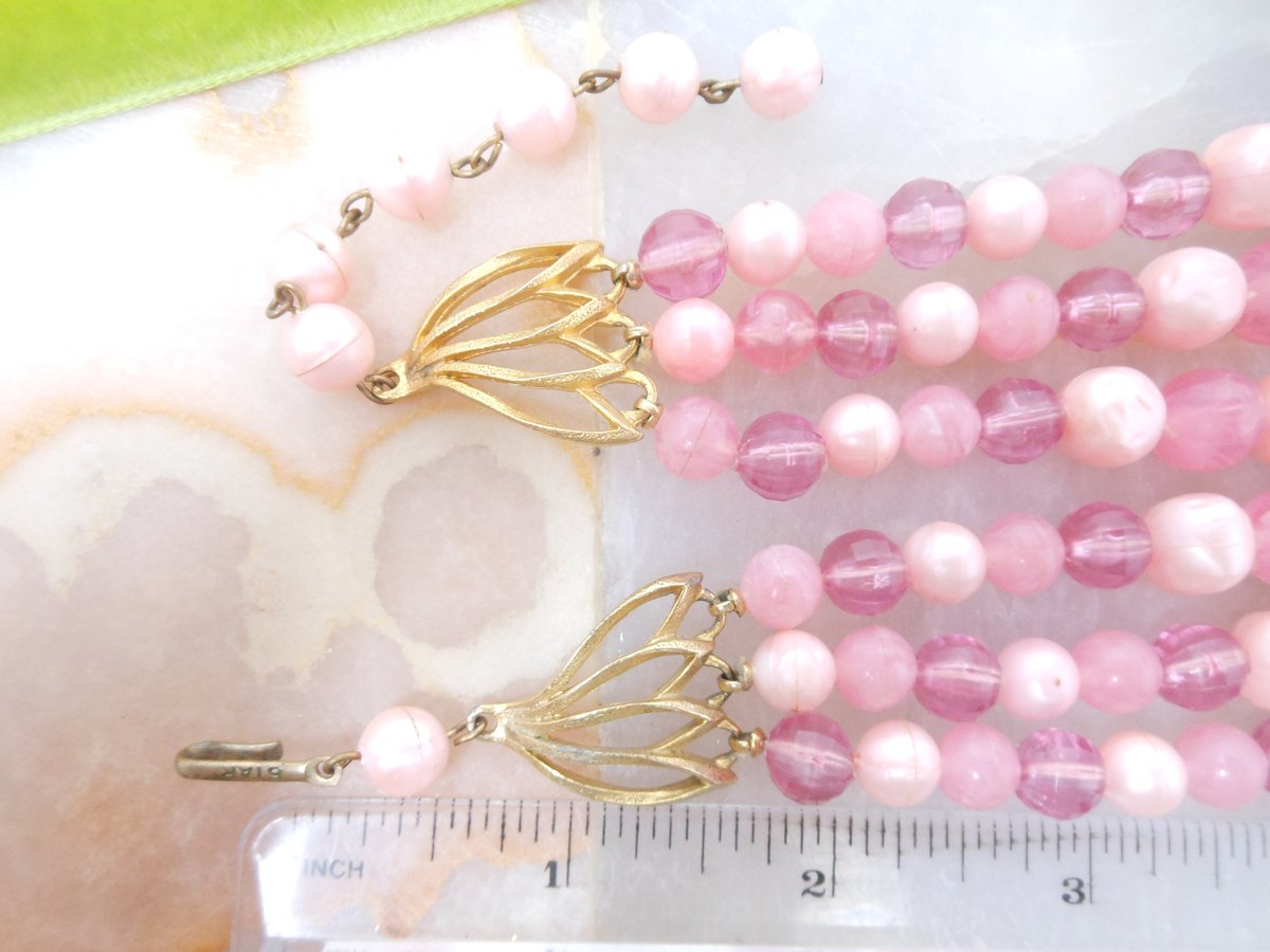 Vintage STAR Jewelry SET Pink Plastic Bead Necklace Bracelet Three Strand Bib Bubblegum Pin Up Designer Mid Century Gift, VivianJoel.com
