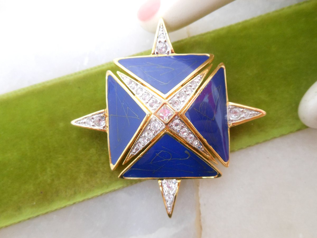 Vintage HUTTON WILKINSON Runway Designer Brooch Pendant Blue Enamel Maltese Cross Pin Clear Crystal Statement Jewelry Gift, VivianJoel.com