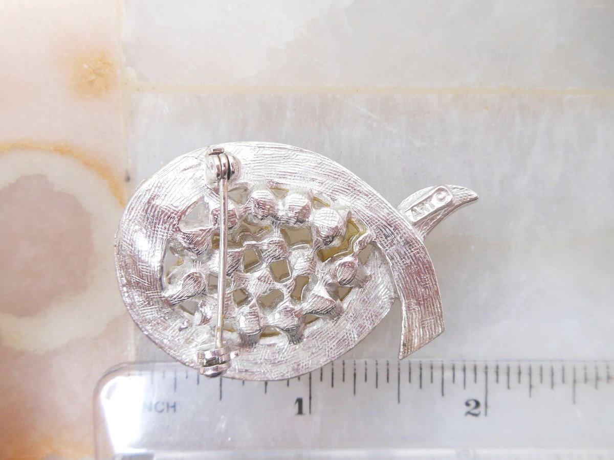 Vintage ART Designer Pearl Rhinestone Pin Brooch Signed Arthur Pepper Silver Plate Jewelry Mid Century Gift, VivianJoel.com