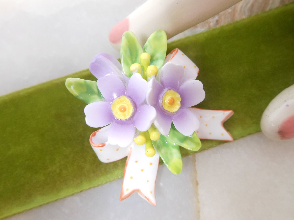 Vintage Purple Pansy Brooch Bone China Porcelain Ceramic Flower Pin Bouquet Jewelry Gift THAILAND, VivianJoel.com