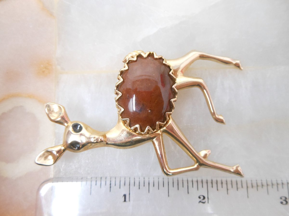Vintage Reindeer Deer Jelly Belly Pin Brooch Art Glass Stone Figural Christmas Winter Jewelry Gift Mid Century, VivianJoel.com