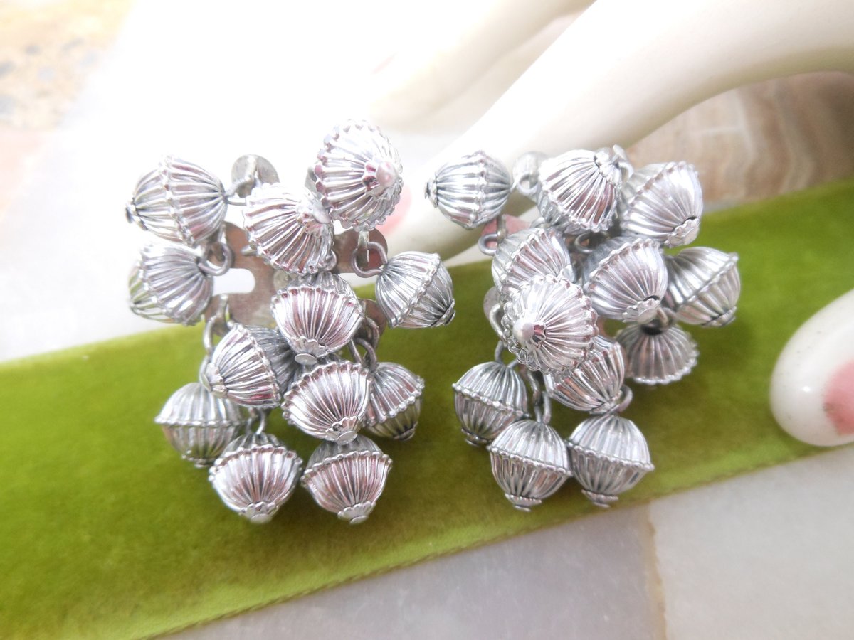 Vintage Silver Bead Cha Cha Earrings Dangle Drop Waterfall Chunky Fab Lightweight Jewelry Gift JAPAN Mid Century, VivianJoel.com