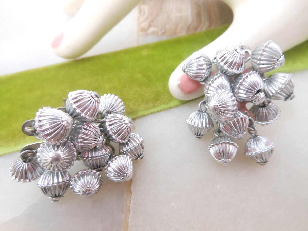 Vintage Silver Bead Cha Cha Earrings Dangle Drop Waterfall Chunky Fab Lightweight Jewelry Gift JAPAN Mid Century, VivianJoel.com