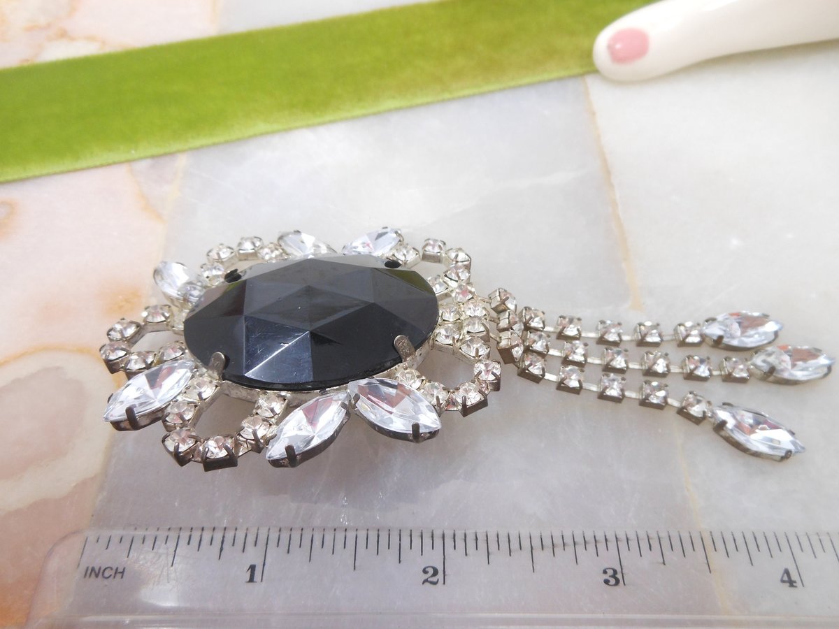 Vintage Big Fringe Brooch Rhinestone Black Clear Dangle Jewelry Gift Regency Renaissance Revival, VivianJoel.com