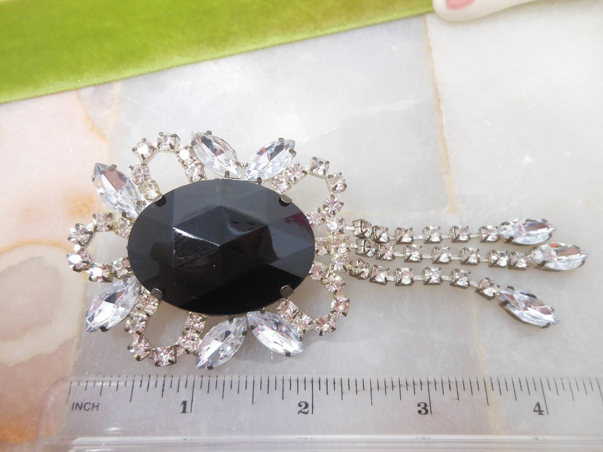Vintage Big Fringe Brooch Rhinestone Black Clear Dangle Jewelry Gift Regency Renaissance Revival, VivianJoel.com