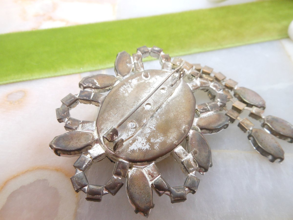 Vintage Big Fringe Brooch Rhinestone Black Clear Dangle Jewelry Gift Regency Renaissance Revival, VivianJoel.com