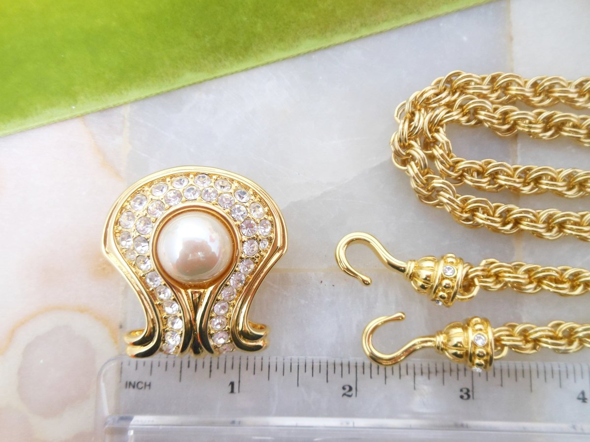 Vintage NOLAN MILLER Pendant Necklace Glamour Collection Gold Plate Chain Rhinestone Crystal Designer Jewelry Gift, VivianJoel.com