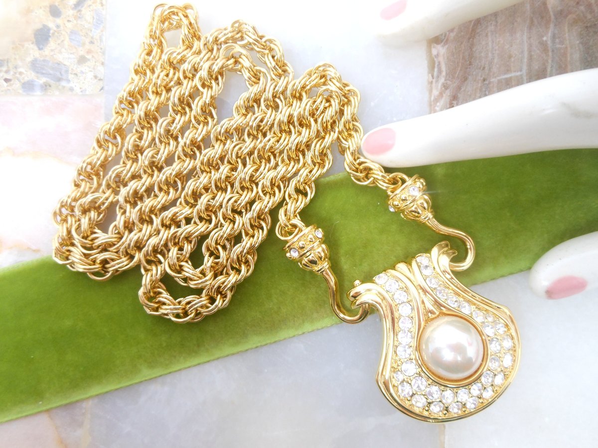 Vintage NOLAN MILLER Pendant Necklace Glamour Collection Gold Plate Chain Rhinestone Crystal Designer Jewelry Gift, VivianJoel.com