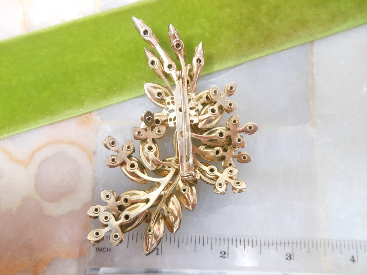Vintage BEAU JEWELS Emerald Green Rhinestone Brooch Flower Spray Pin Aurora Borealis Crystal Mid Century, VivianJoel.com