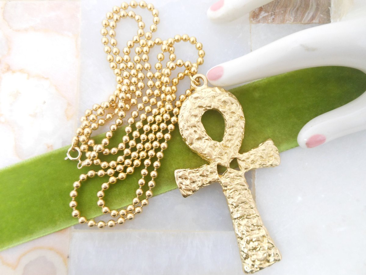 Vintage Ankh Pendant Necklace Etruscan Egyptian Revival Brutalist Gold Plate Long Chain Mid Century Jewelry Gift,  VivianJoel.com