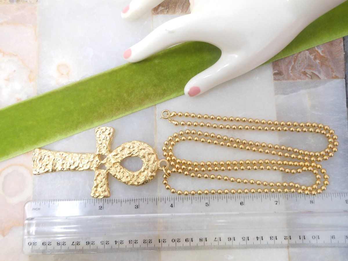 Vintage Ankh Pendant Necklace Etruscan Egyptian Revival Brutalist Gold Plate Long Chain Mid Century Jewelry Gift,  VivianJoel.com