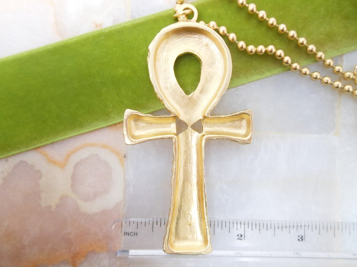 Vintage Ankh Pendant Necklace Etruscan Egyptian Revival Brutalist Gold Plate Long Chain Mid Century Jewelry Gift,  VivianJoel.com