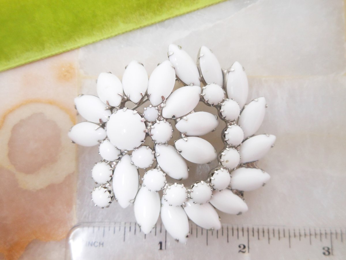 Vintage White Milk Glass Brooch Flower Bouquet Pin Pinwheel Wedding Bride Jewelry Gift Mid Century, VivianJoel.com