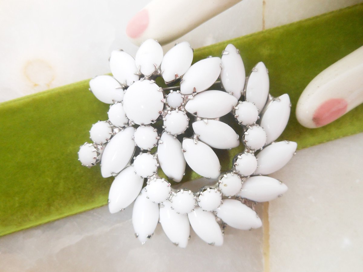 Vintage White Milk Glass Brooch Flower Bouquet Pin Pinwheel Wedding Bride Jewelry Gift Mid Century, VivianJoel.com