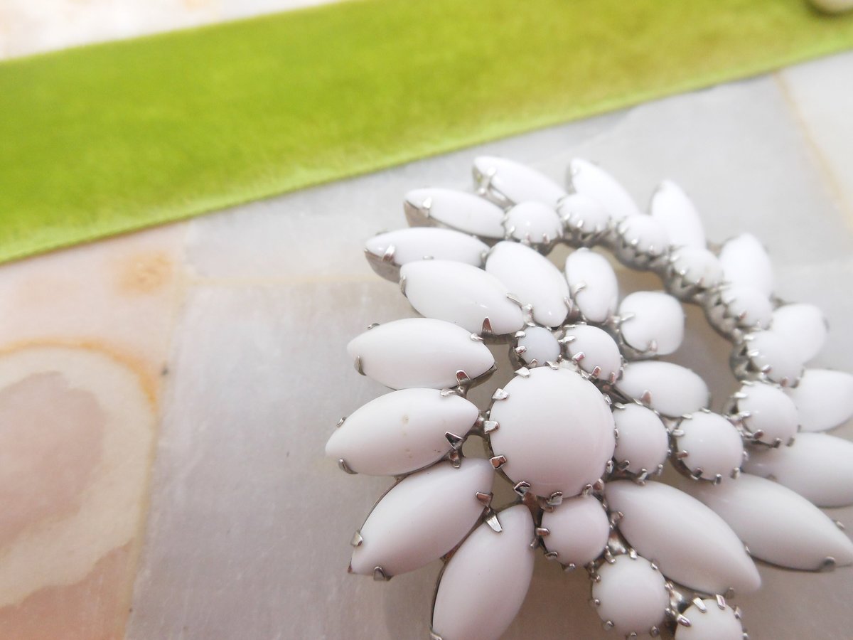 Vintage White Milk Glass Brooch Flower Bouquet Pin Pinwheel Wedding Bride Jewelry Gift Mid Century, VivianJoel.com