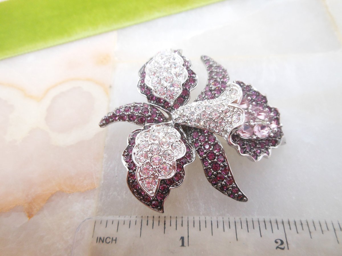 Vintage NOLAN MILLER Flower Brooch Glamour Purple Orchid Pin Pave Crystal Rhinestone Designer Jewelry Gift , VivianJoel.com