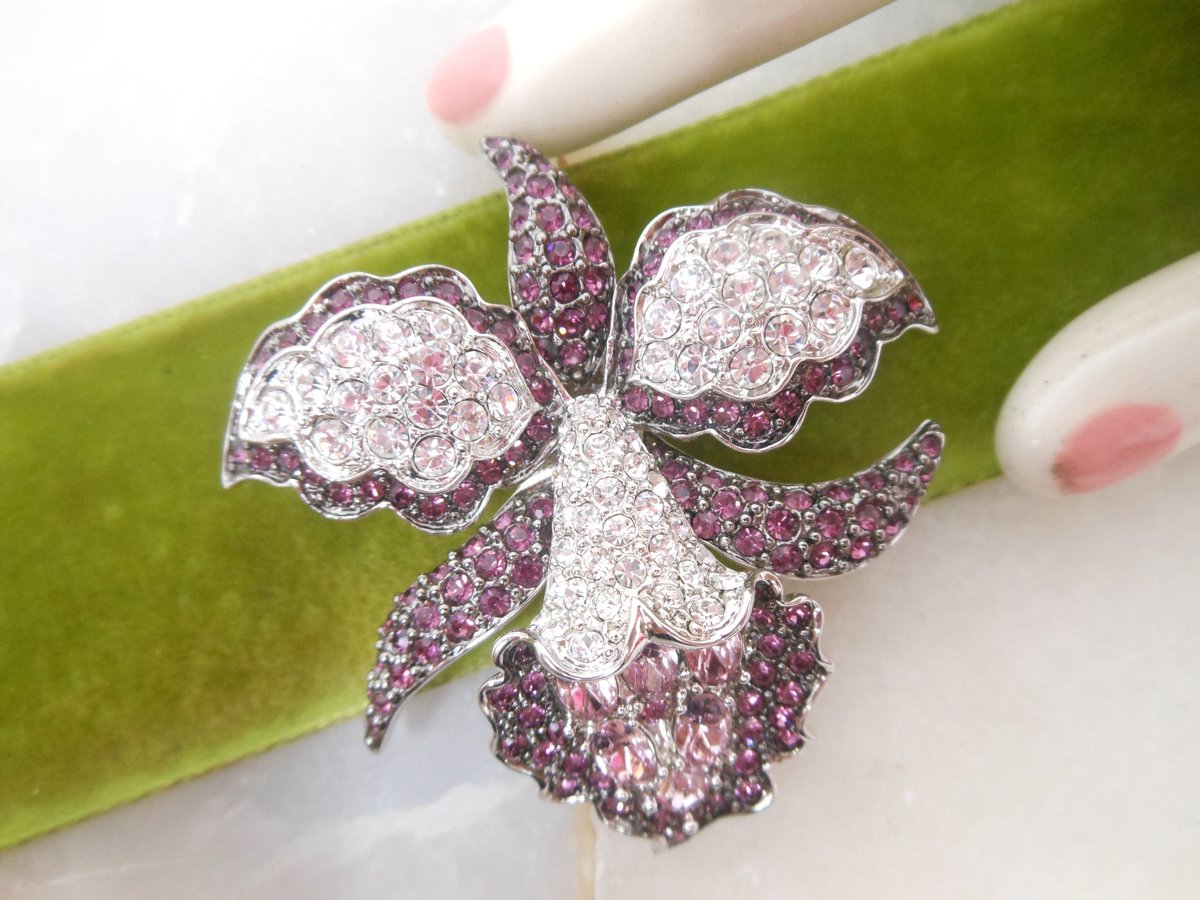 Vintage NOLAN MILLER Flower Brooch Glamour Purple Orchid Pin Pave Crystal Rhinestone Designer Jewelry Gift , VivianJoel.com