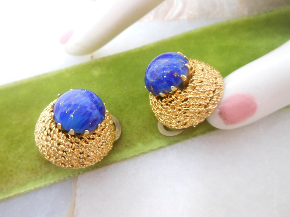 Vintage Lapis Art Glass Domed Earrings Clip On Cobalt Blue Chunky Mid Century Jewelry Gift, VivianJoel.com