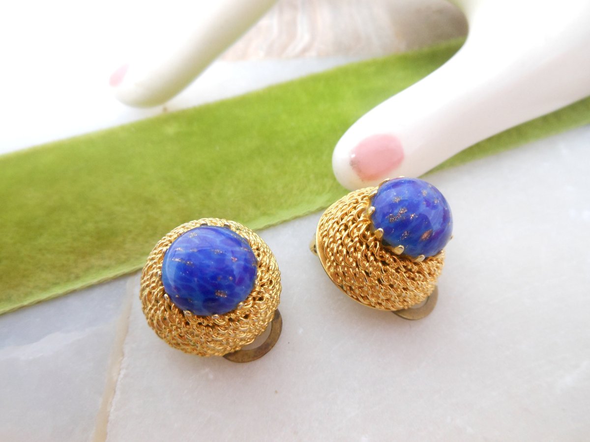 Vintage Lapis Art Glass Domed Earrings Clip On Cobalt Blue Chunky Mid Century Jewelry Gift, VivianJoel.com