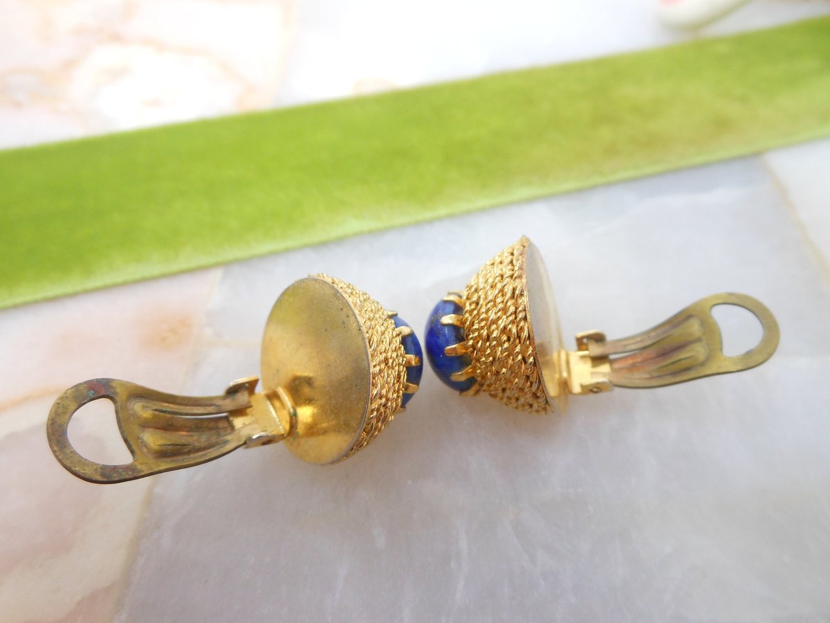 Vintage Lapis Art Glass Domed Earrings Clip On Cobalt Blue Chunky Mid Century Jewelry Gift, VivianJoel.com