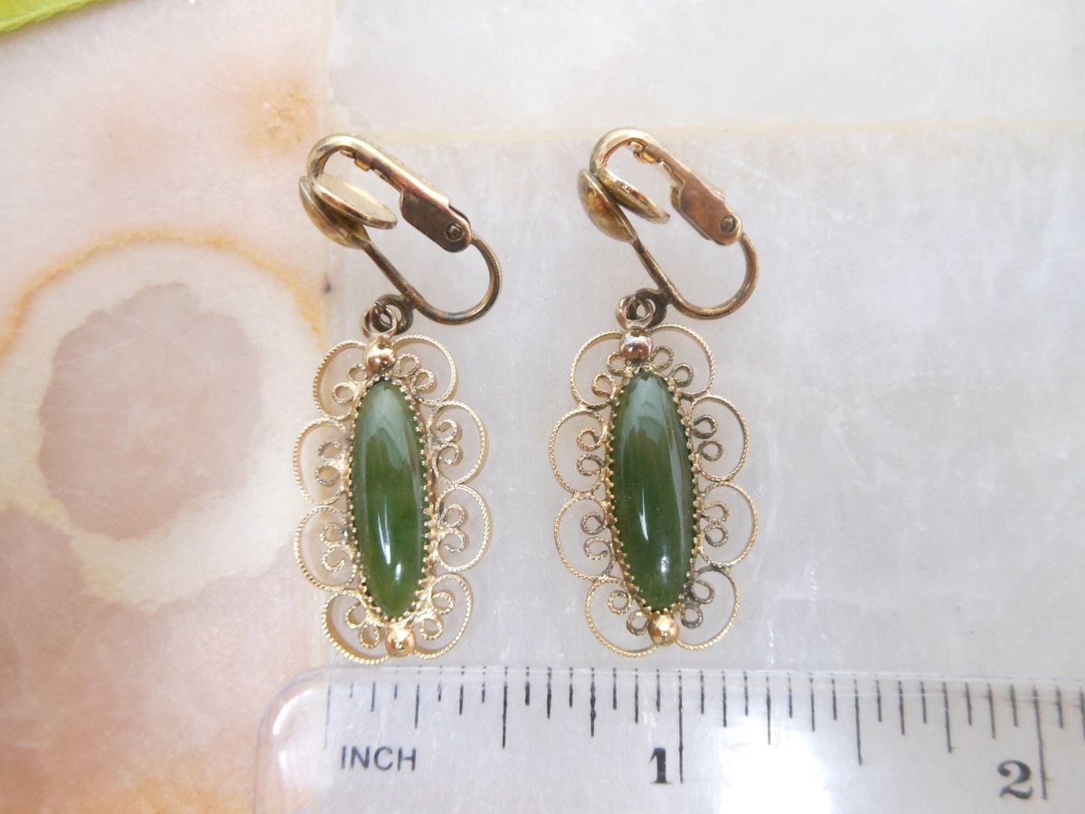 Vintage STERLING SILVER Jade Earrings Clip On Dangle Drop Ornate Filigree Gold Vermeil Mid Century Jewelry Gift, VivianJoel.com