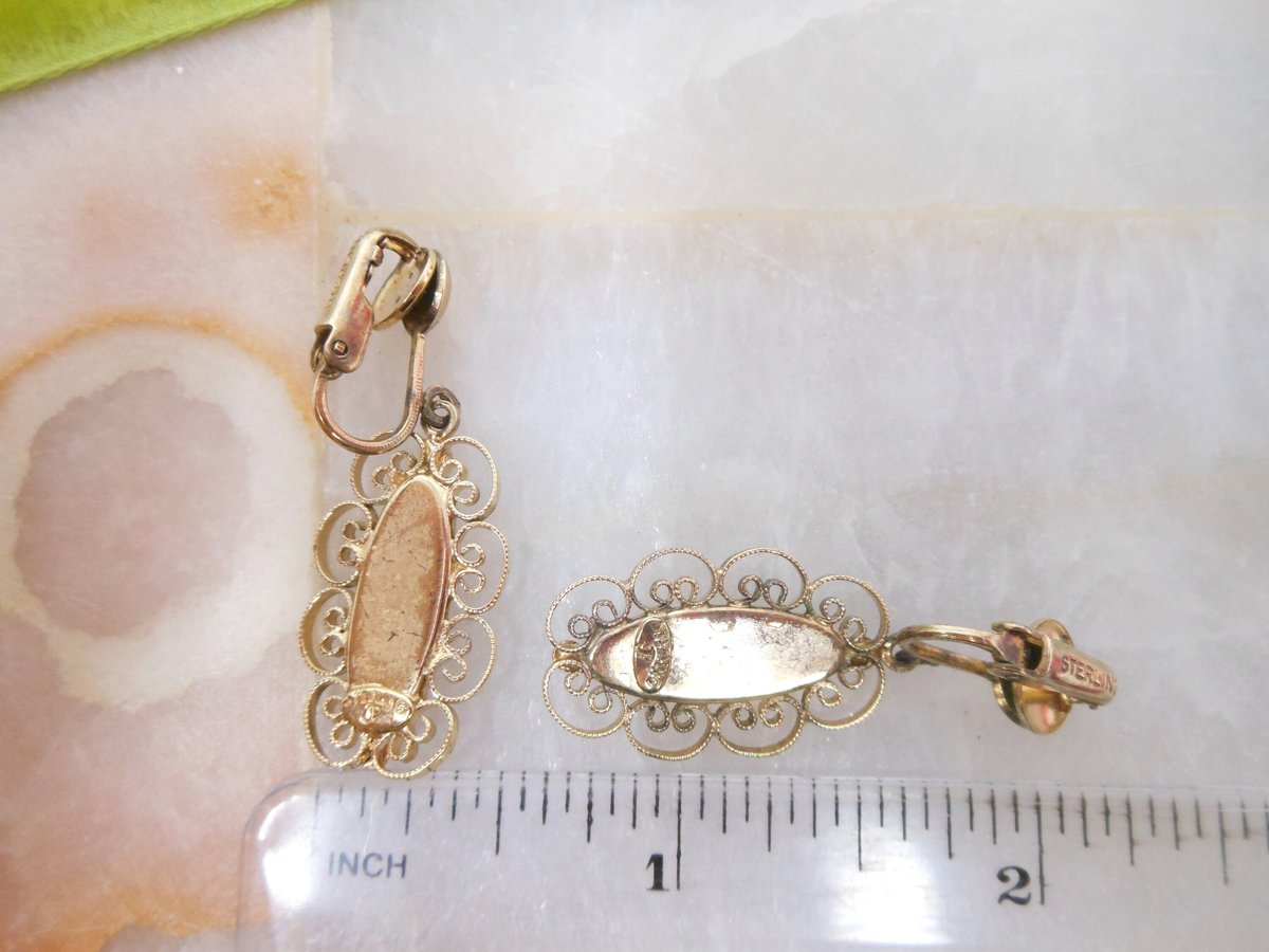 Vintage STERLING SILVER Jade Earrings Clip On Dangle Drop Ornate Filigree Gold Vermeil Mid Century Jewelry Gift, VivianJoel.com
